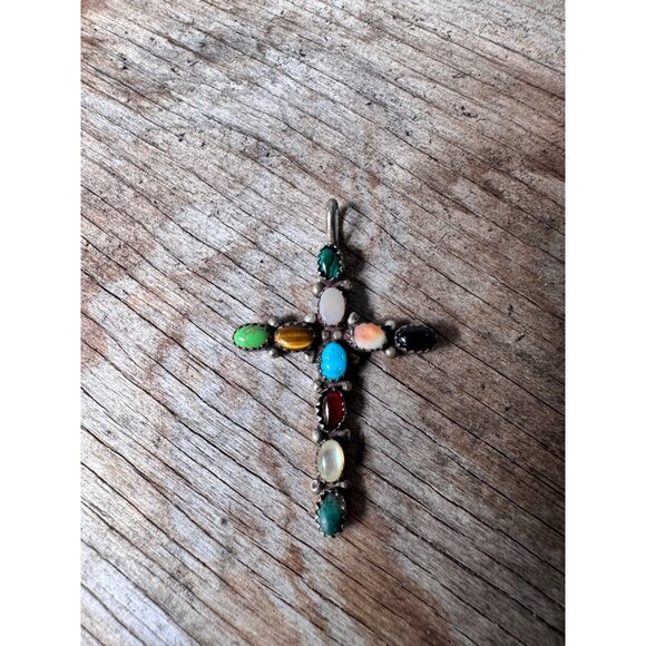 Sterling Silver Cross Pendant With Multi-Gemstone Inlay Design - Picture 2 of 7